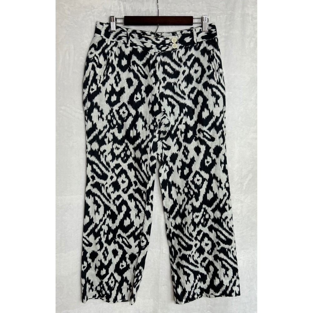 LOFT Marisa Blue White IKAT 100% Linen Dress Pants Sz 10 Petite Classy Lagenlook